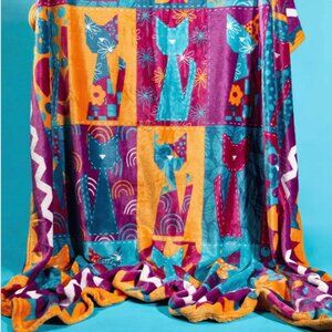 Cat Lady Box Quilty Cat Throw Blanket Fleece Multicolor Quilt Style 50 x 60 in